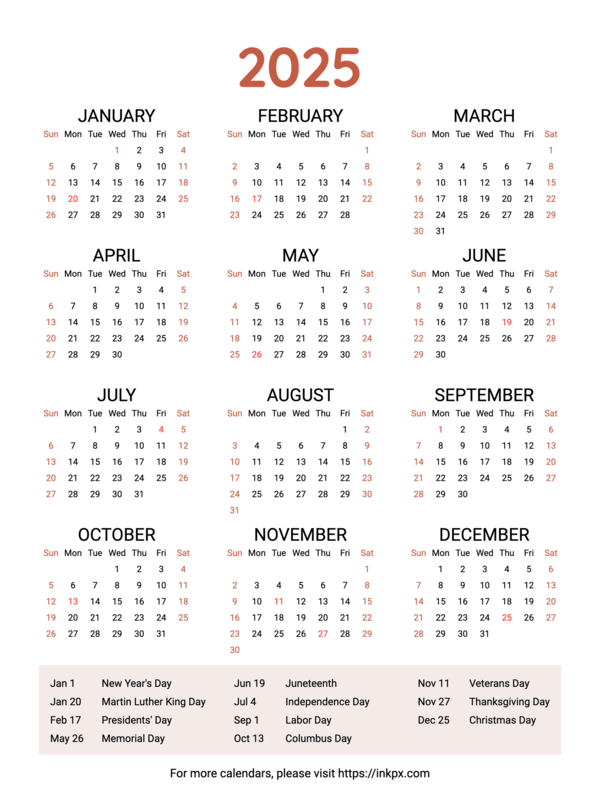 Free Printable 2025 Yearly Calendars in PDF, PNG and JPG Formats · InkPx