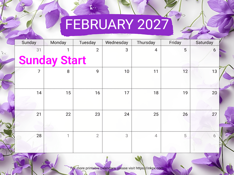 Free Printable Violet February 2027 Calendar (Sunday Start)