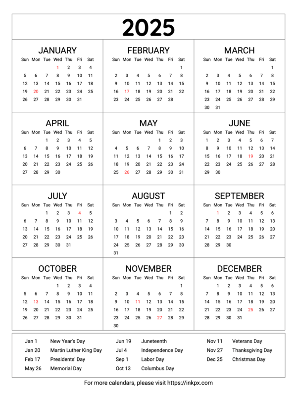 Free Printable Minimalist Table 2025 Yearly Calendar With Highlighted 