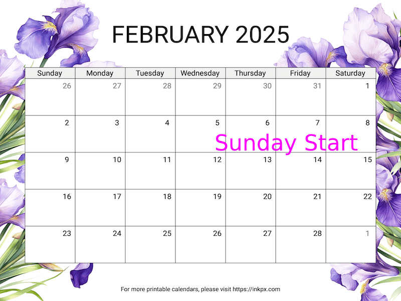 Free Printable Irises February 2025 Calendar (Sunday Start)