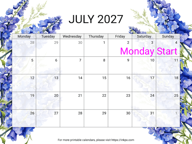 Free Printable Delphinium July 2027 Calendar (Monday Start)