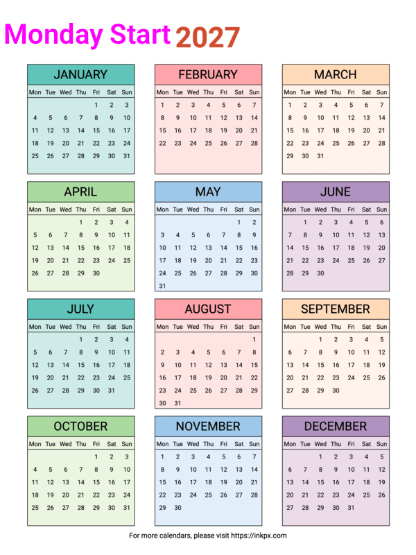 Free Printable Colorful Table 2027 Yearly Calendar (Monday Start)