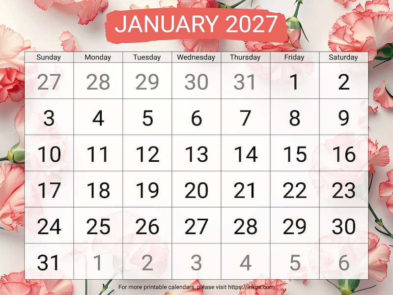 Free Printable Carnation Background Large January 2027 Calendar (Sunday Start)