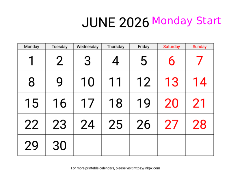 Free Printable Large Weekend Highlighted June 2026 Calendar (Monday Start)