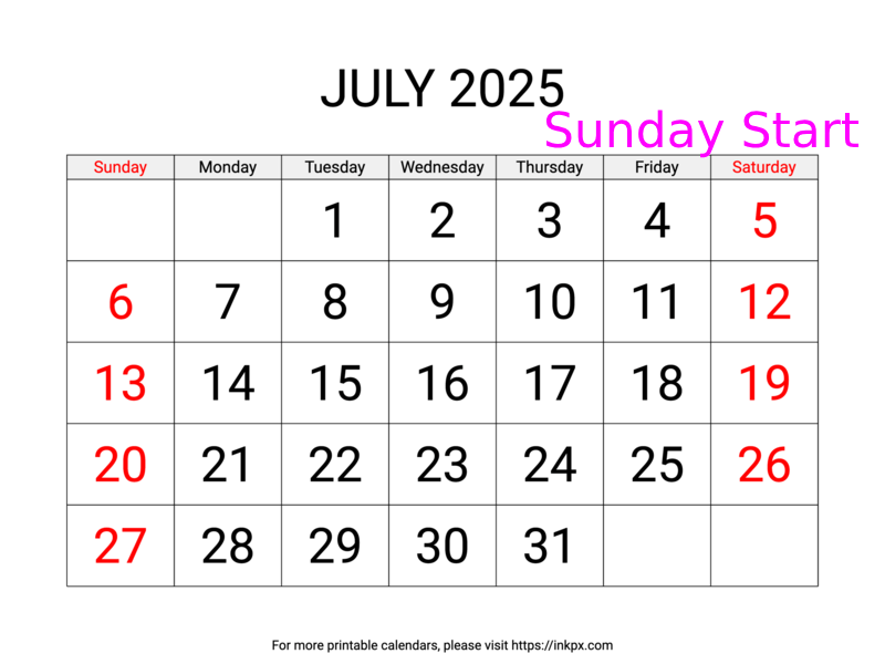 Free Printable Large Weekend Highlighted July 2025 Calendar (Sunday Start)