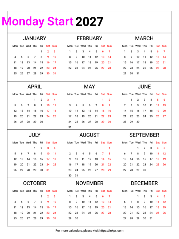 Free Printable Weekend Highlight Table 2027 Calendar (Monday First)