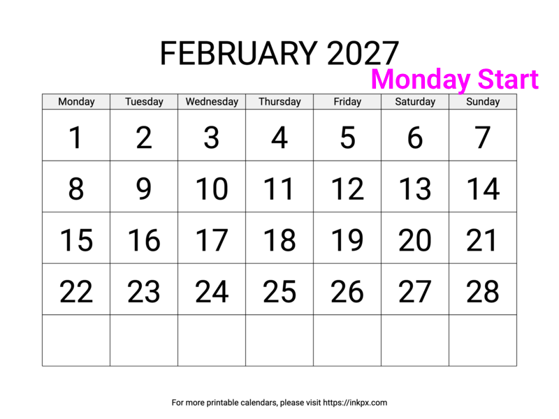 Free Printable Large February 2027 Calendar (Monday Start)