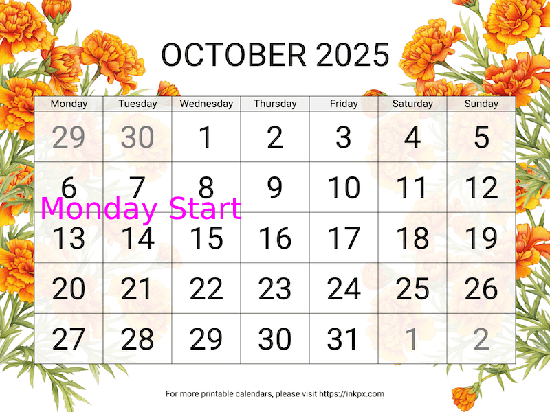 Free Printable Large Marigold October 2025 Calendar (Monday Start)