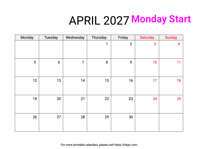 Free Printable Weekend Highlighted April 2027 Calendar (Monday Start)