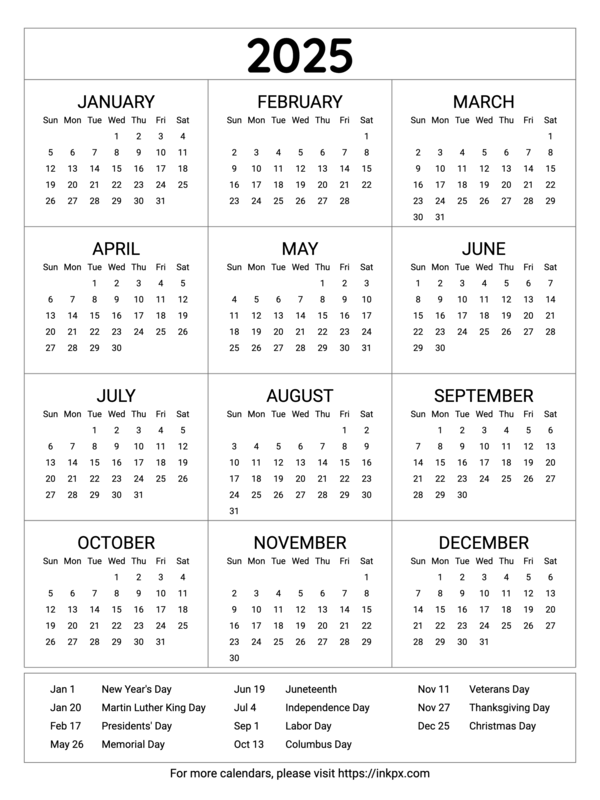 Free Printable Minimalist Table 2025 Yearly Calendar with US Holiday