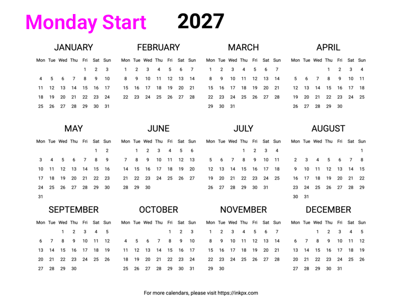 Free Printable Minimalist 2027 Yearly Calendar (Landscape, Monday Start)