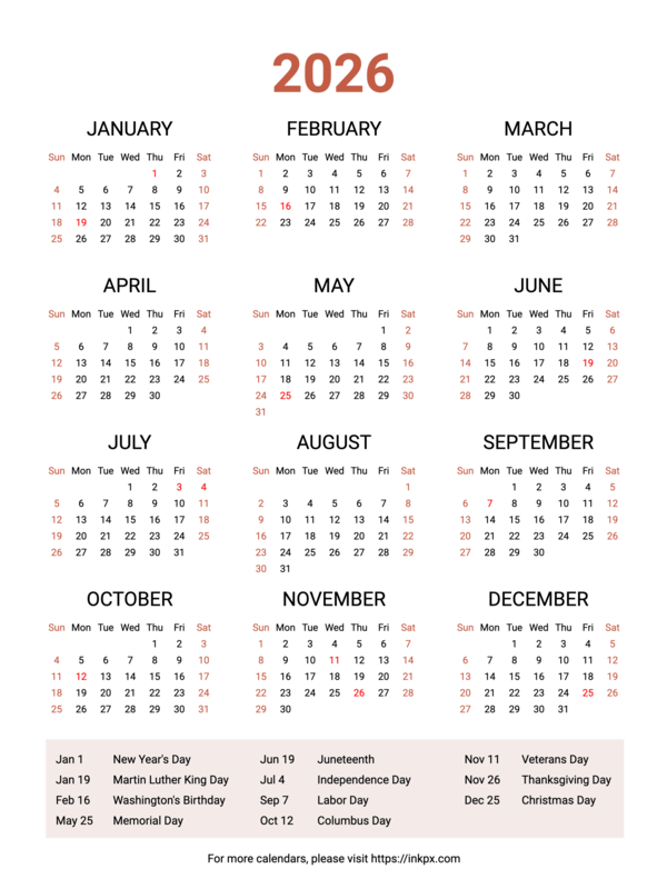 Free Printable Weekend Highlighted 2026 Calendar with Highlighted US Holiday