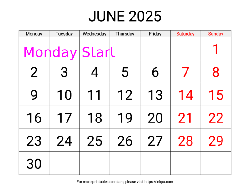 Free Printable Large Weekend Highlighted June 2025 Calendar (Monday Start)