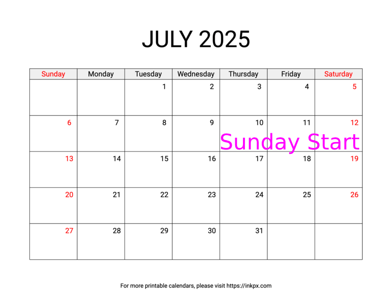 Free Printable Weekend Highlighted July 2025 Calendar (Sunday Start)