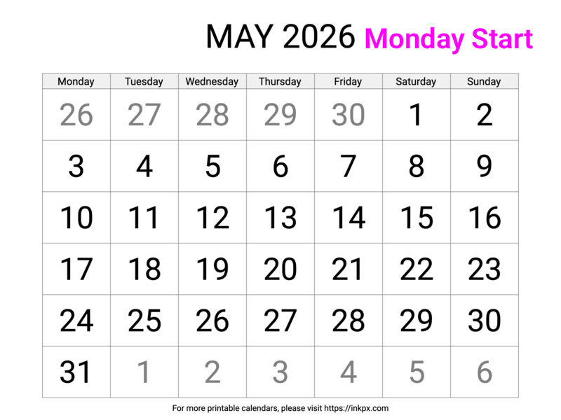 Free Printable Large Font May 2027 Calendar (Monday Start)
