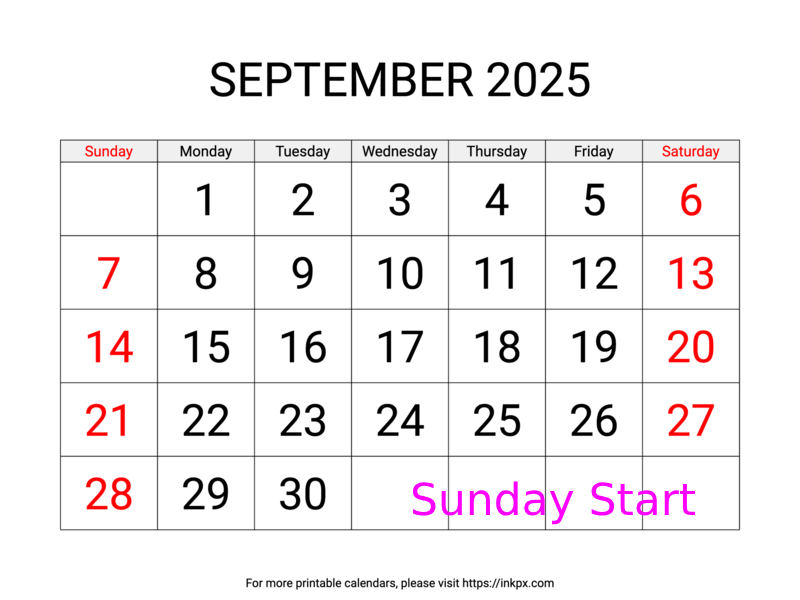 Free Printable Large Weekend Highlighted September 2025 Calendar (Sunday Start)