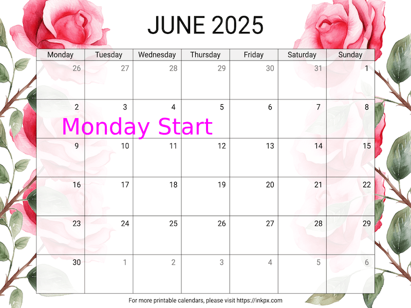 Free Printable Rose June 2025 Calendar (Monday Start)