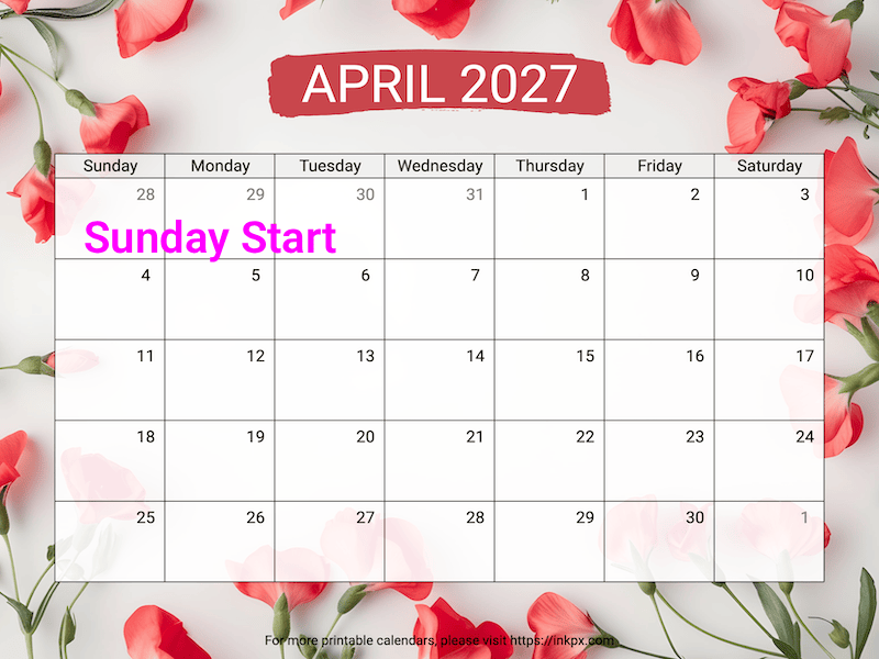 Free Printable Sweet Pea April 2027 Calendar (Sunday Start)