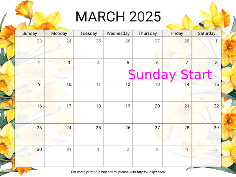 Free Printable Daffodil March 2025 Calendar (Sunday Start)