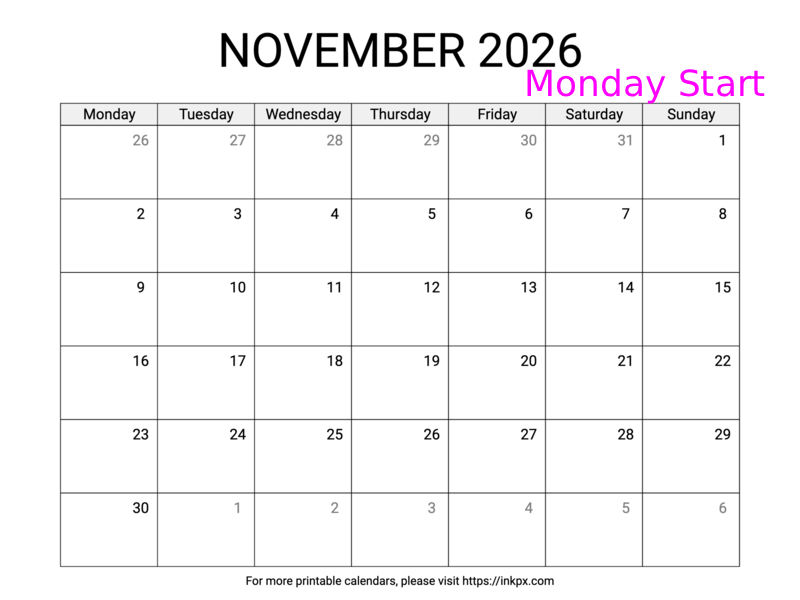 Free Printable Simple November 2026 Calendar (Monday Start)