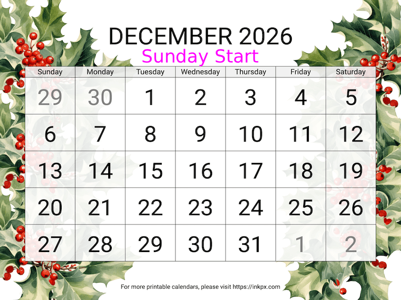 Free Printable Large Holly December 2026 Calendar (Sunday Start)
