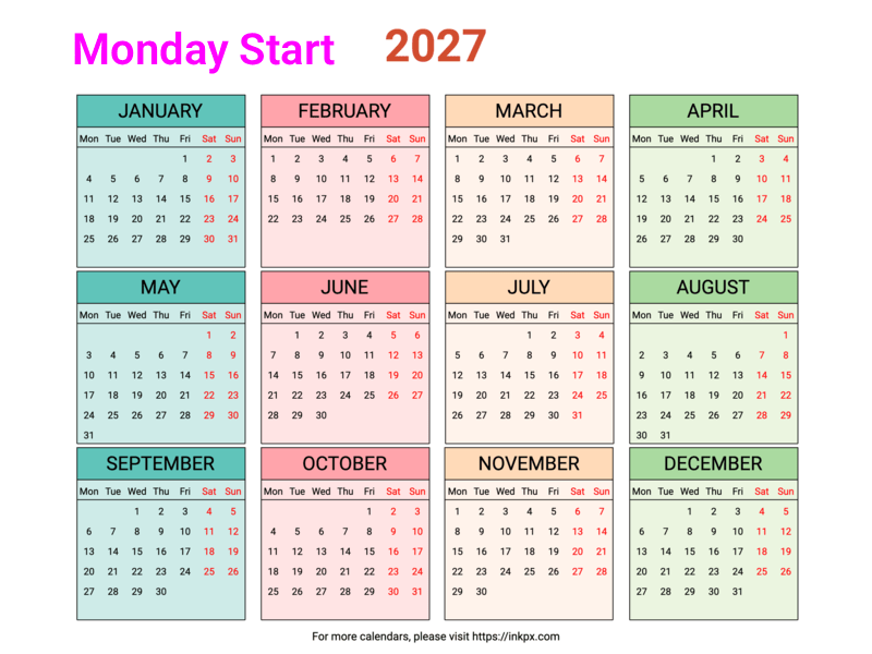 Free Printable Weekend Highlight Colorful 2027 Calendar (Landscape, Monday First)