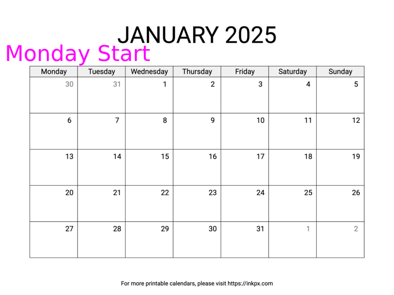 Free Printable Simple January 2025 Calendar (Monday Start)