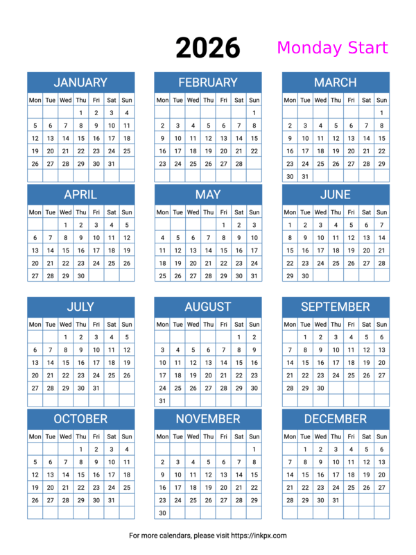 Free Printable Minimalist Blue Table 2026 Yearly Calendar (Monday Start)