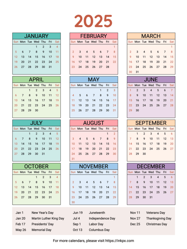 Free Printable Weekend Highlight Colorful Table 2025 Calendar with US Holiday