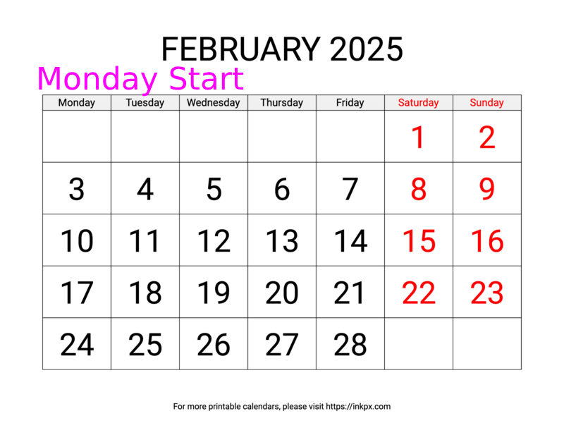 Free Printable Large Weekend Highlighted February 2025 Calendar (Monday Start)