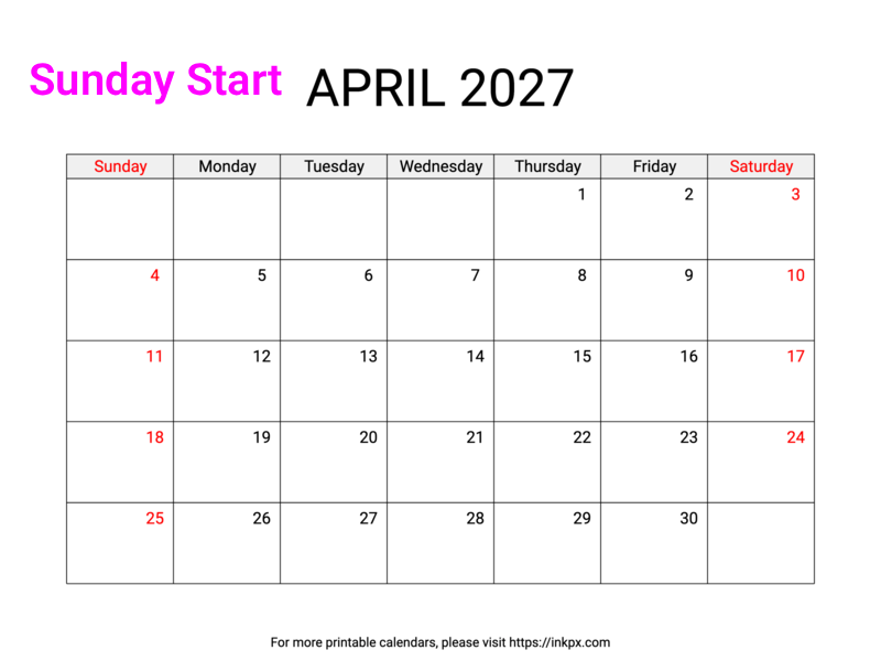 Free Printable Weekend Highlighted April 2027 Calendar (Sunday Start)