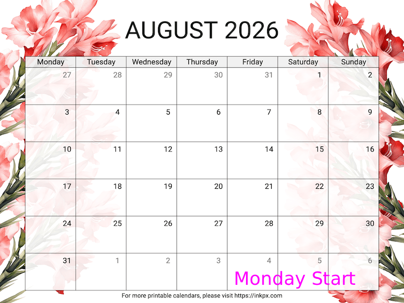 Free Printable Gladiolus August 2026 Calendar (Monday Start)