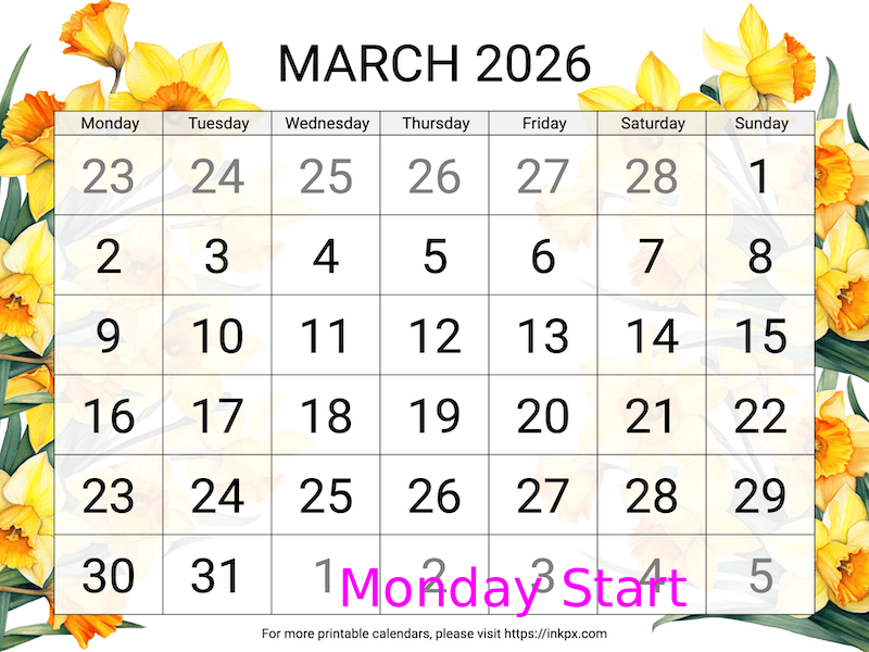 Free Printable Large Daffodil Background March 2026 Calendar (Monday Start)