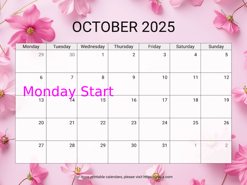 Free Printable Cosmos October 2025 Calendar (Monday Start)