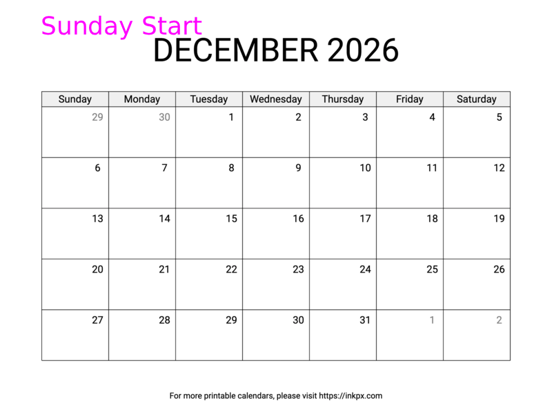 Free Printable Simple December 2026 Calendar (Sunday Start)
