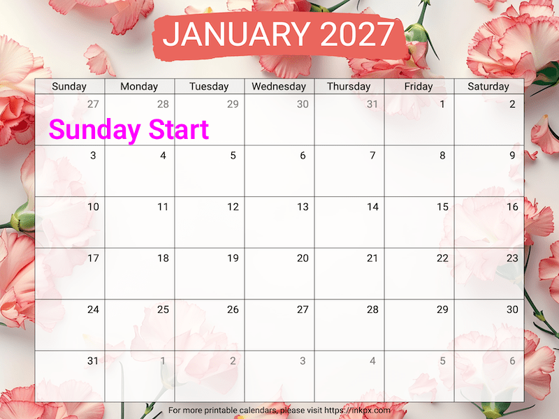 Free Printable Carnation Background January 2027 Calendar (Sunday Start)