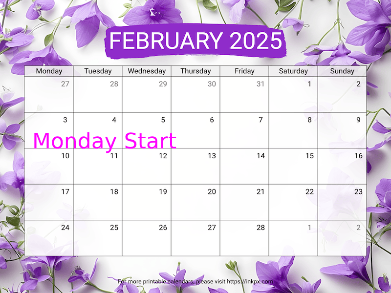 Free Printable Violet February 2025 Calendar (Monday Start)