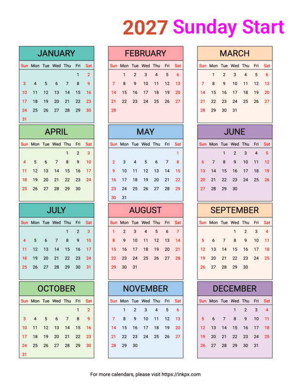 Free Printable Weekend Highlight Colorful Table 2027 Calendar (Sunday First)