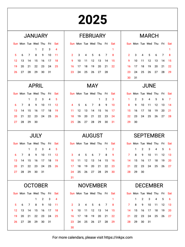 Free Printable Weekend Highlight Table 2025 Calendar (Sunday First)