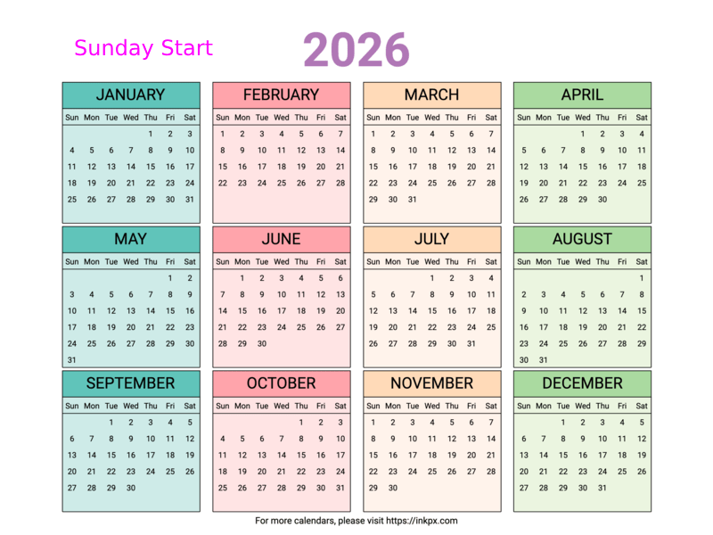 Free Printable Colorful Table 2026 Yearly Calendar (Landscape, Sunday Start)