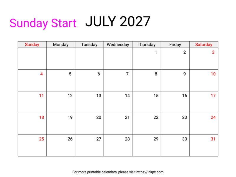 Free Printable Weekend Highlighted July 2027 Calendar (Sunday Start)