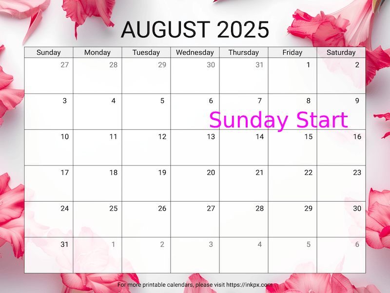 Free Printable Gladiolus Background August 2025 Calendar (Sunday Start)