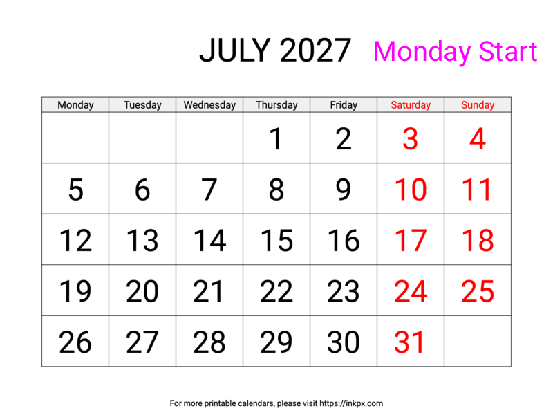 Free Printable Large Font Weekend Highlighted July 2027 Calendar (Monday Start)