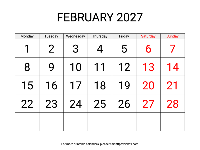 Free Printable Large Weekend Highlighted February 2027 Calendar (Monday Start)