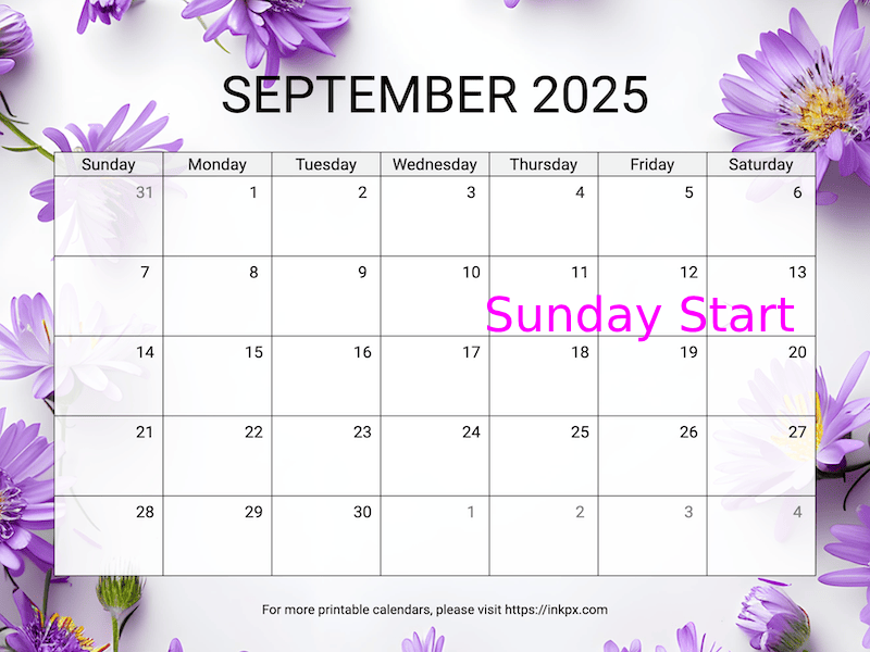 Free Printable Aster Background September 2025 Calendar (Sunday Start)