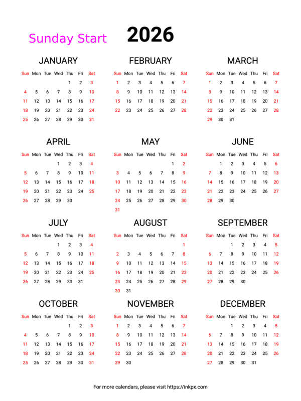 Free Printable Weekend Highlight 2026 Calendar (Sunday First)
