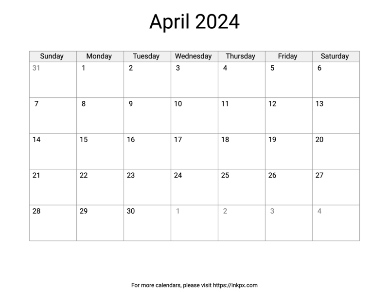 Printable April 2024 Calendar with US Holidays