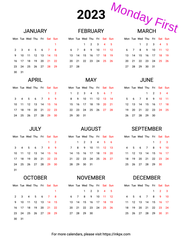 Printable Weekend Highlight 2023 Calendar (Monday First) · InkPx