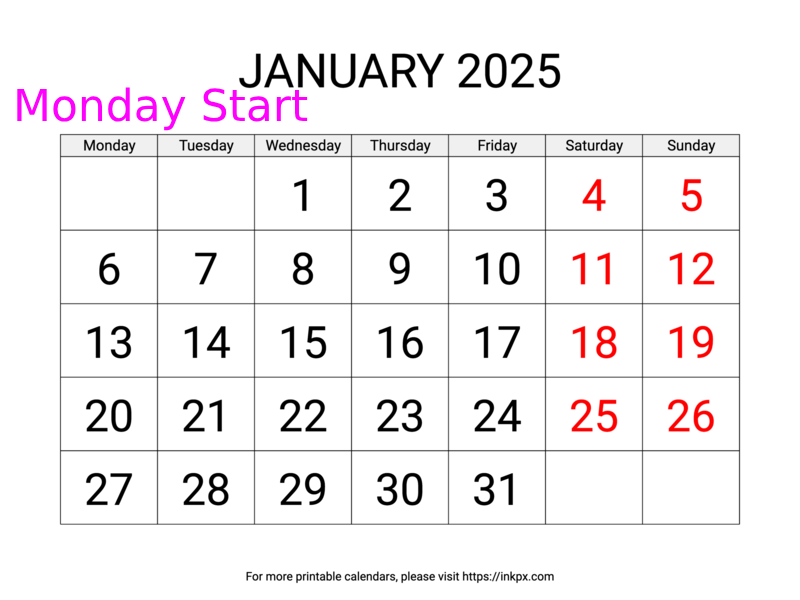 Free Printable Large Font Weekend Highlighted January 2025 Calendar (Monday Start)