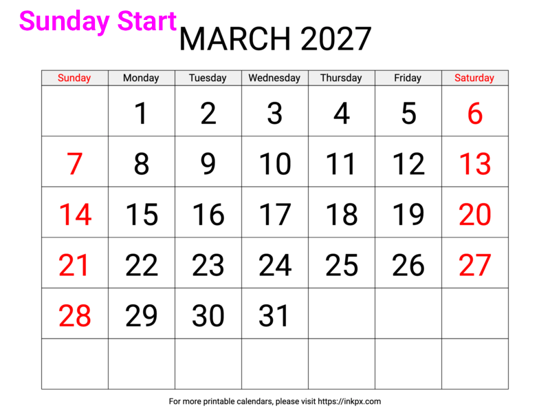 Free Printable Large Weekend Highlighted March 2027 Calendar (Sunday Start)
